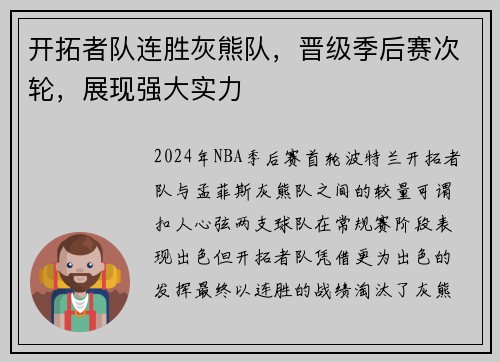 开拓者队连胜灰熊队，晋级季后赛次轮，展现强大实力